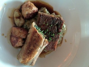 Duck Confit with spinach crêpe, foie gras "meatballs"